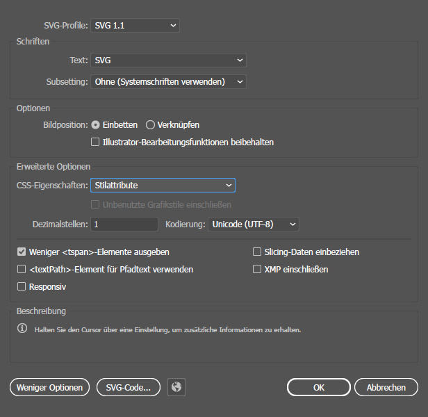 Settings Adobe Illustrator SVG Export for Showcontroller